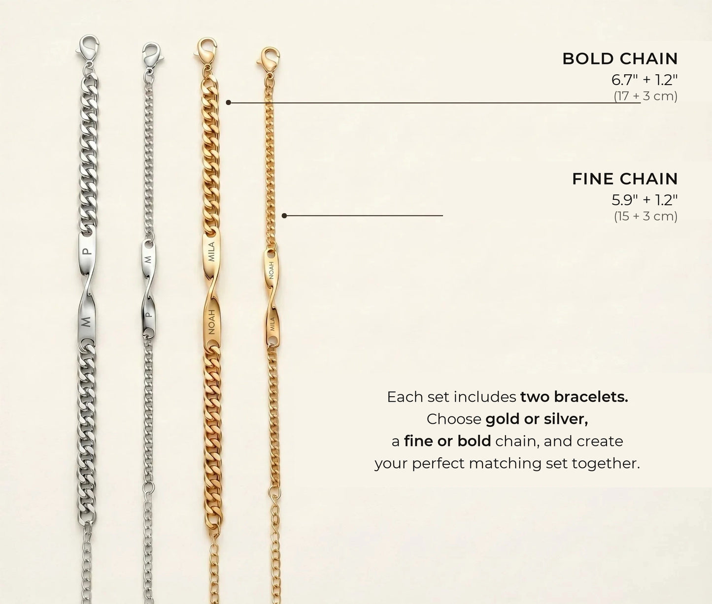 DUO BRACELET size guide, bold chain 6.7" + 1.2" (17 + 3 cm), fine chain 5.9" + 1.2" (15 + 3 cm)