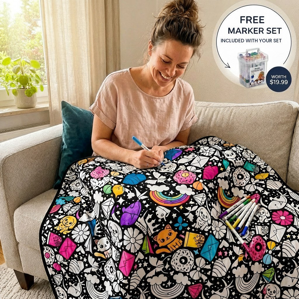 Woman coloring her CuddleArt blanket on the sofa, free marker set included