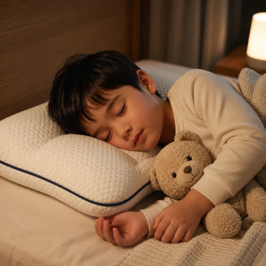 A child sleeping peacefully, settled on their EVERNEL pillow