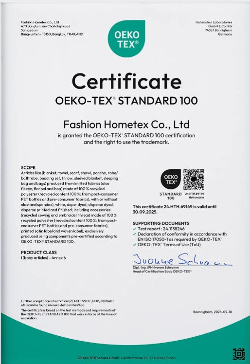 OEKO-TEX® Standard 100 certified fabric, free of harmful substances