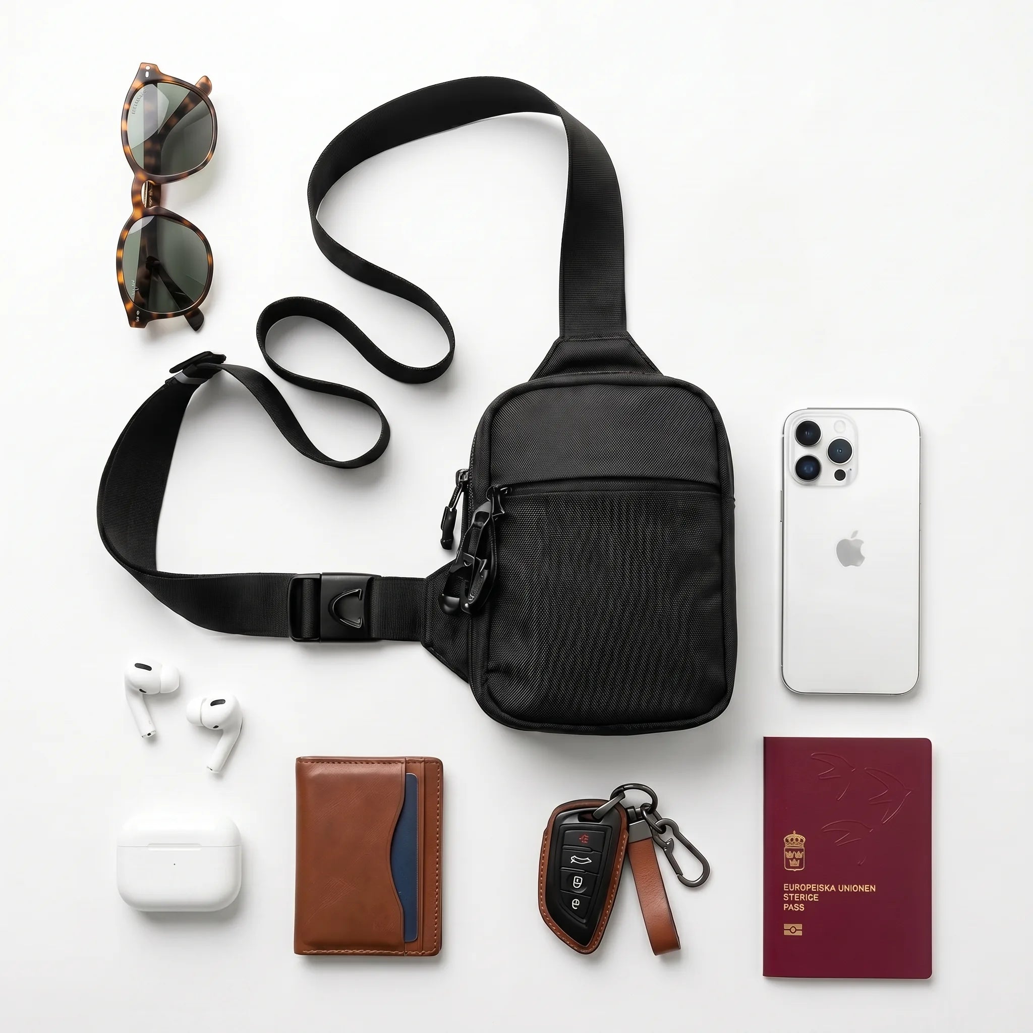Essentials organized inside the sling bag