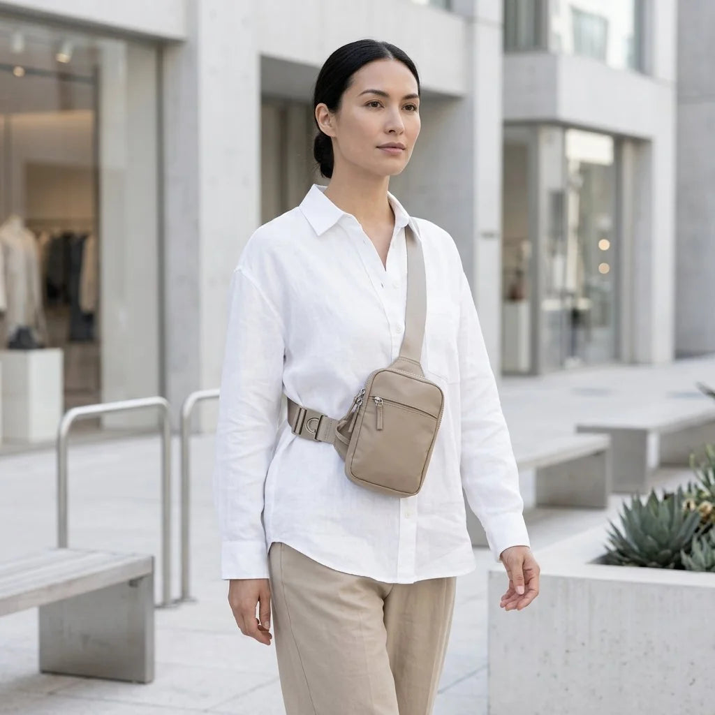 Sand sling bag worn in the city