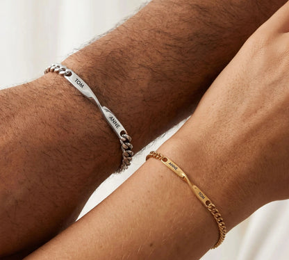 DUO BRACELET worn together, silver and gold with engraved names