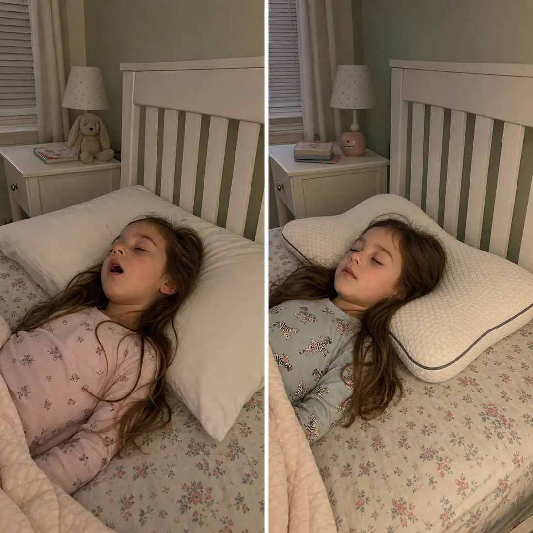 Child sleeping with mouth open, then settled on the pillow