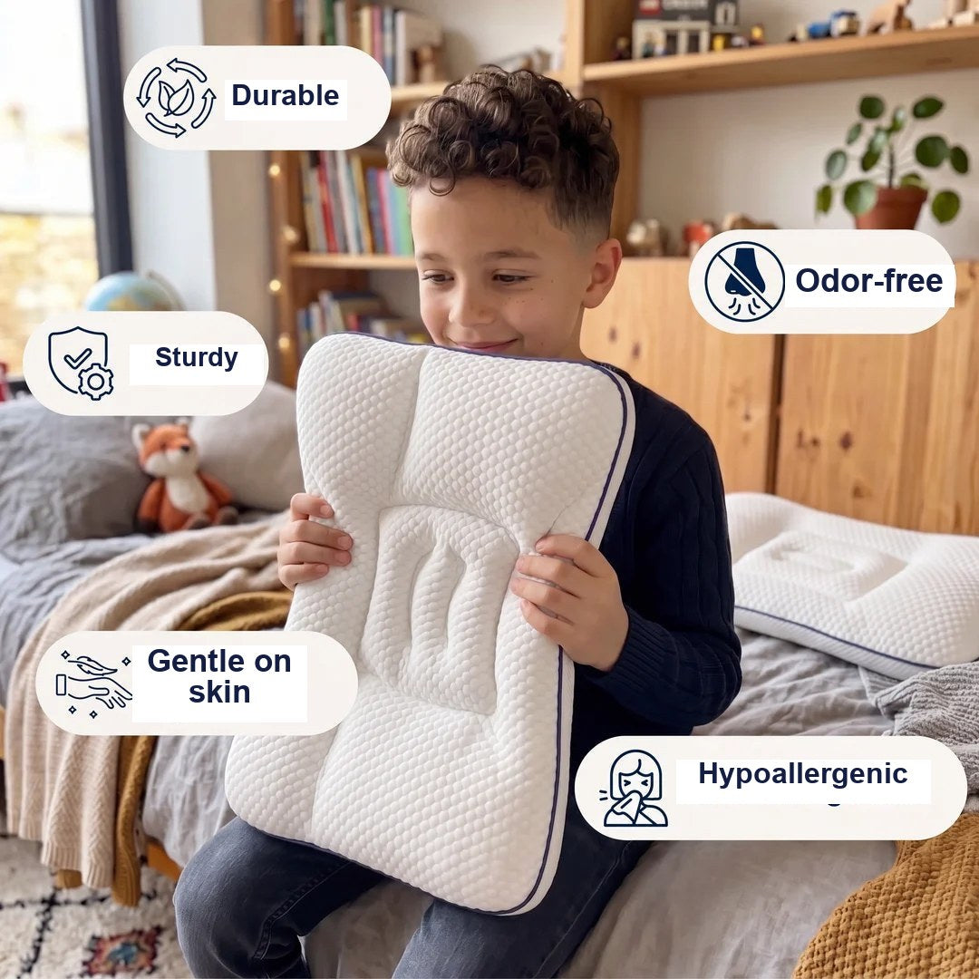 Boy holding the pillow: durable, odor-free, hypoallergenic