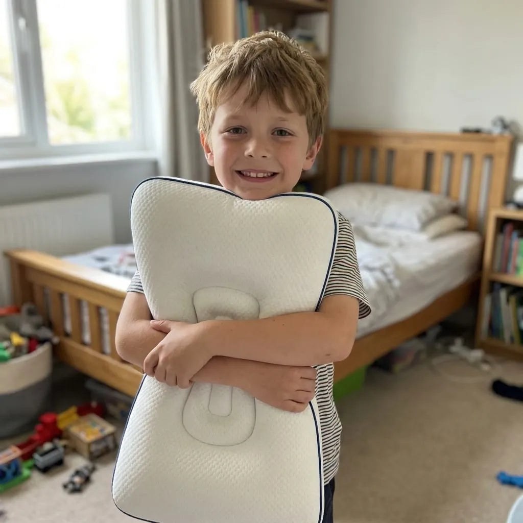 Boy hugging his neck-support pillow