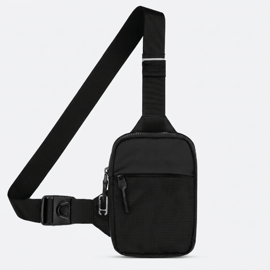 Black travel sling bag, front view