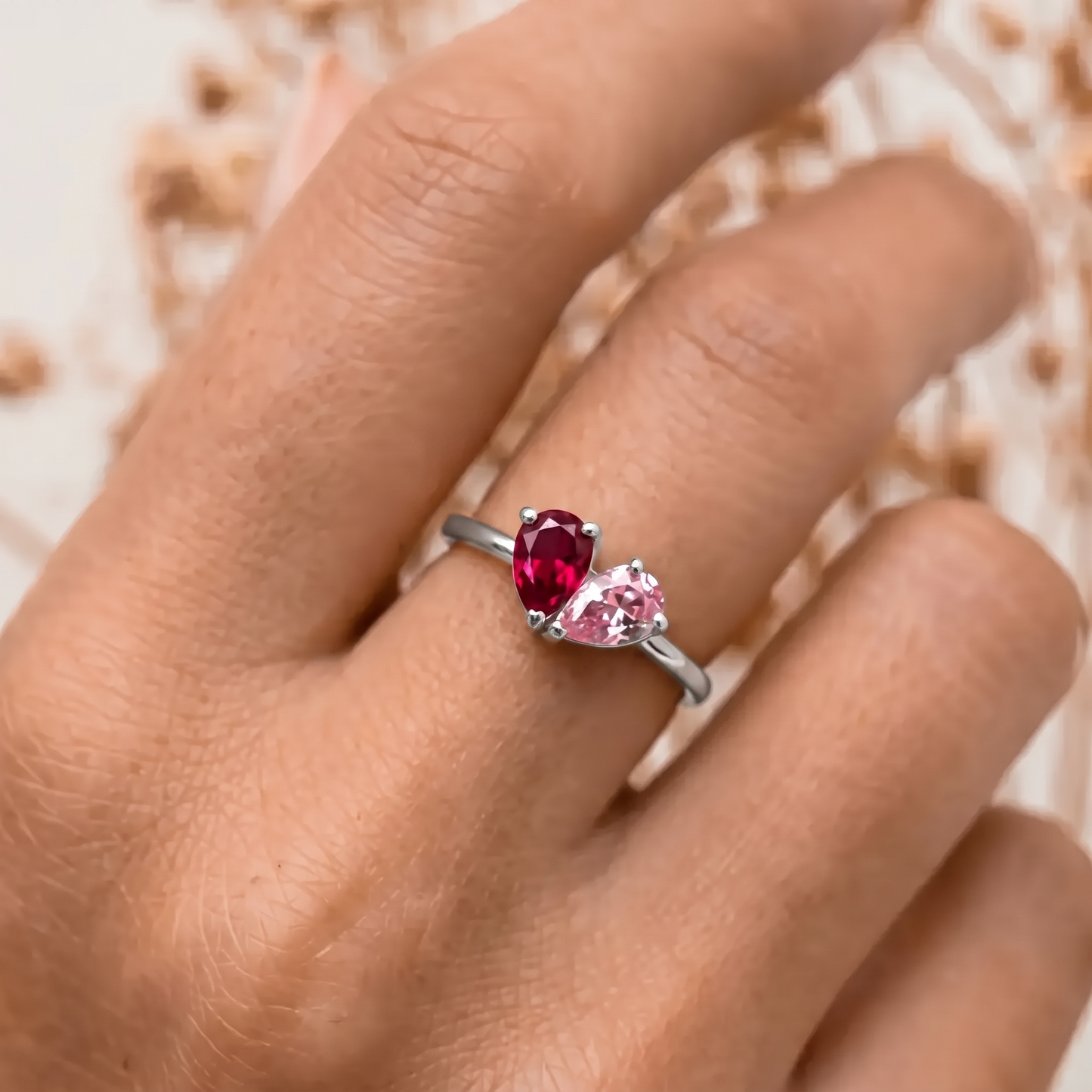 Woman wearing silver Lori birthstone ring