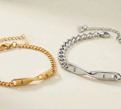 DUO BRACELET, gold and silver with engraved initials, studio