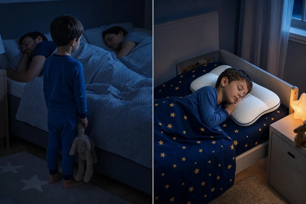 A child standing at night by their sleeping parents’ bed, then the same child asleep alone in their own bed on their EVERNEL pillow