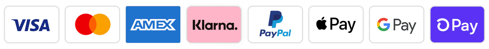 Visa, Mastercard, American Express, Klarna, PayPal, Apple Pay, Google Pay and Shop Pay